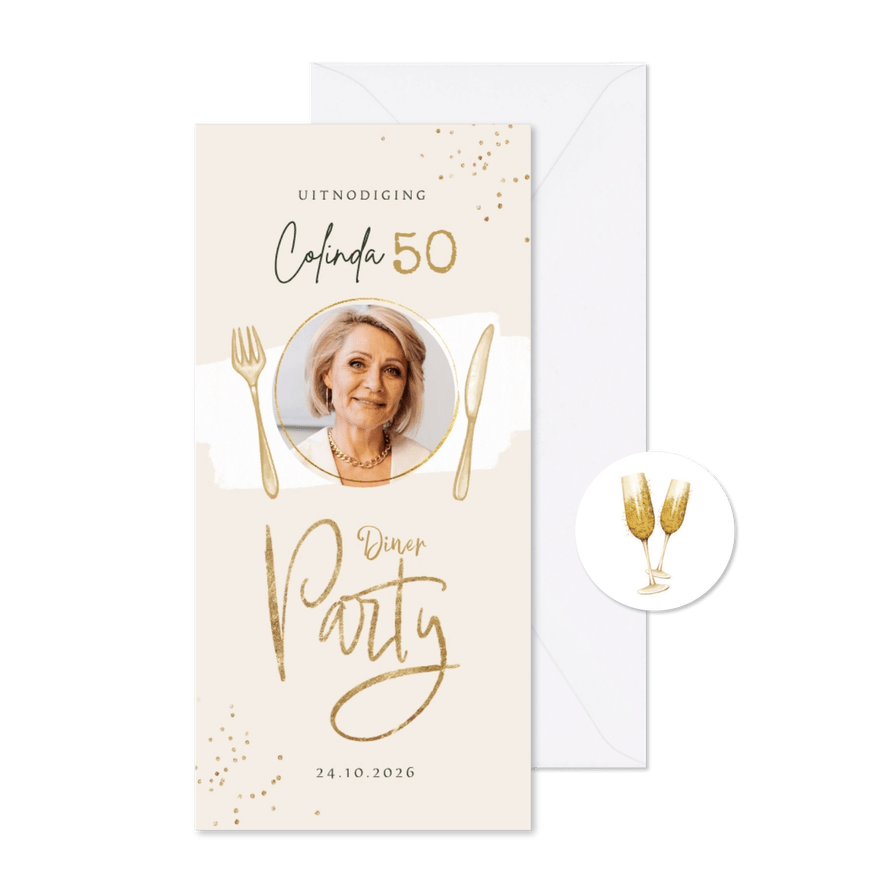 Uitnodiging diner 50 jaar party etentje foto goud confetti - Kaartimpressie