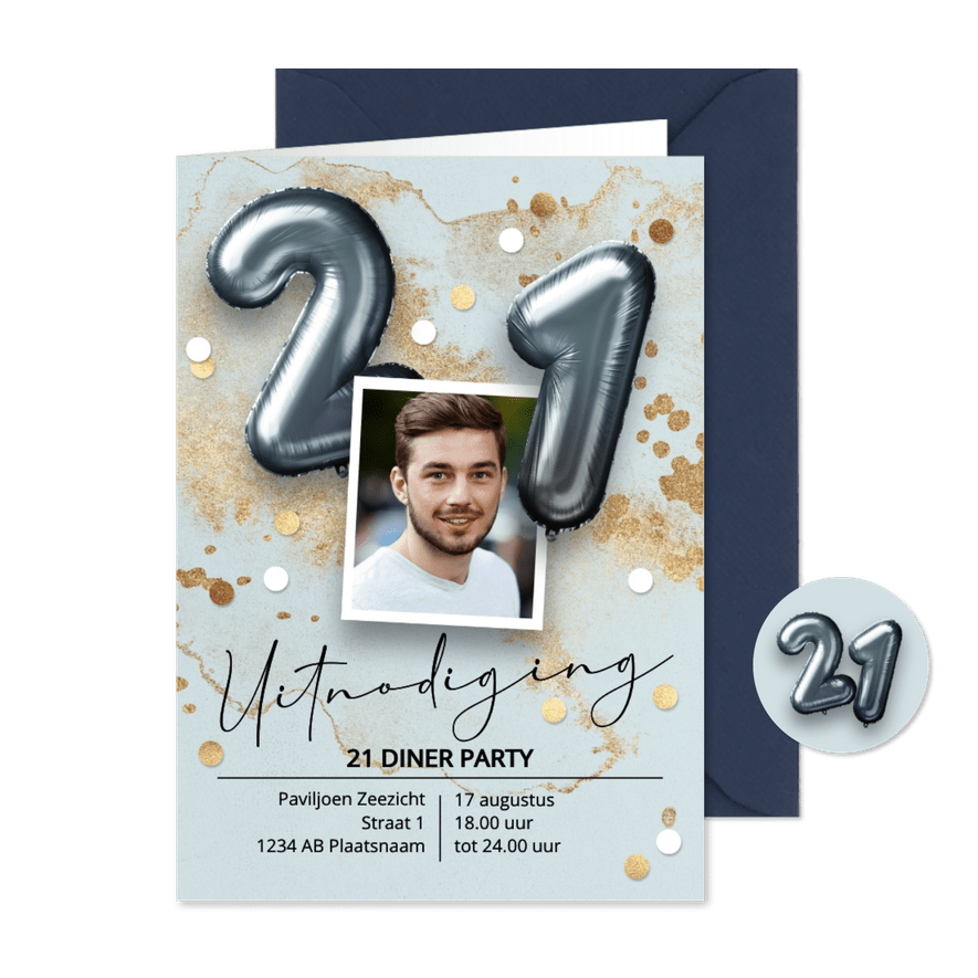 Uitnodiging diner party 21 jaar jongen ballonnen - Kaartimpressie