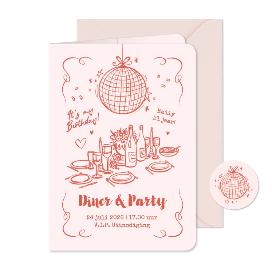 Uitnodiging diner party etentje doodle roze hip - Kaartimpressie