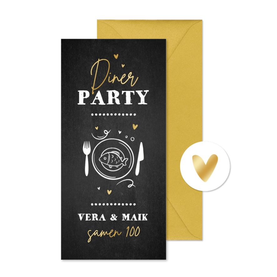 Uitnodiging diner party krijtbord illustratie goud samen 100 - Kaartimpressie