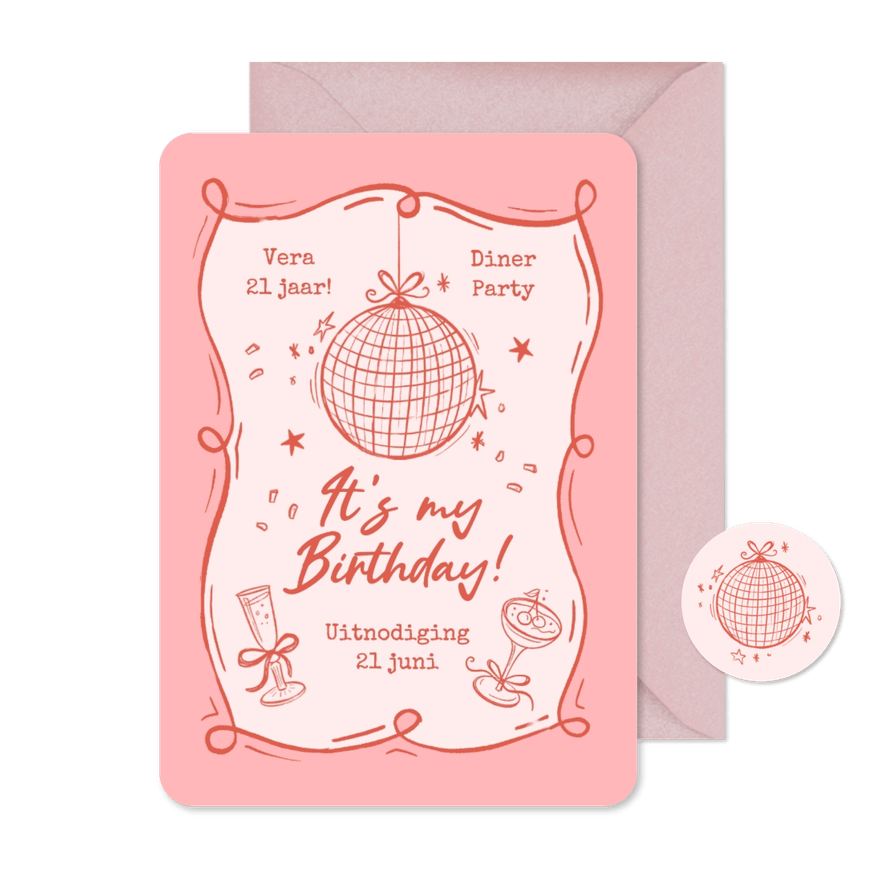 Uitnodiging diner party roze disco doodle cocktails - Kaartimpressie