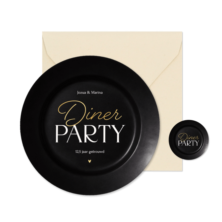 Uitnodiging dinerparty in vorm van zwart bord cirkelvorm - Kaartimpressie