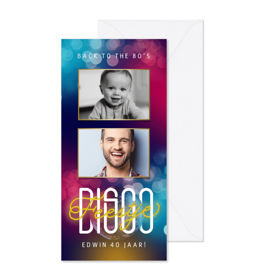 Uitnodiging discofeestje 80's discobol foto's - Kaartimpressie