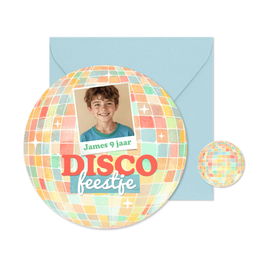 Uitnodiging discofeestje discobal kleurrijk foto unisex - Kaartimpressie