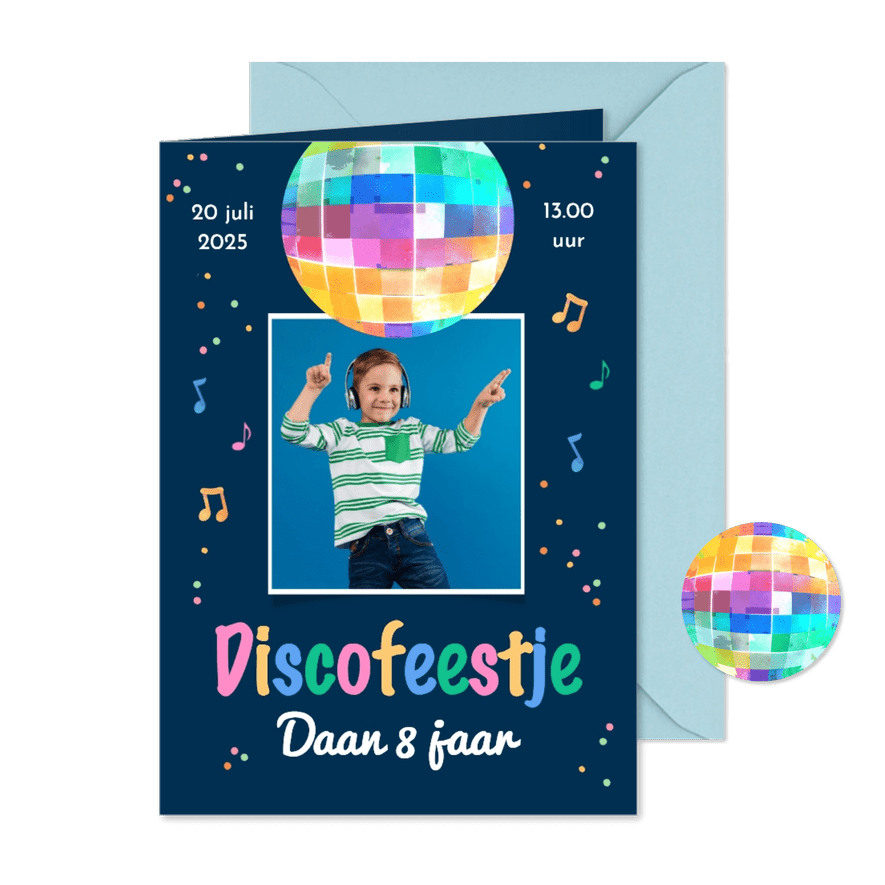 Uitnodiging discofeestje discobol muziek radio hip stoer - Kaartimpressie