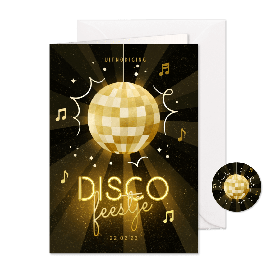 Uitnodiging discofeestje met discobal en neon tekst - Kaartimpressie