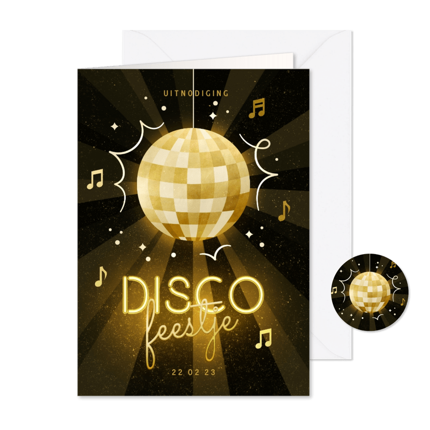 Uitnodiging discofeestje met discobal en neon tekst - Kaartimpressie