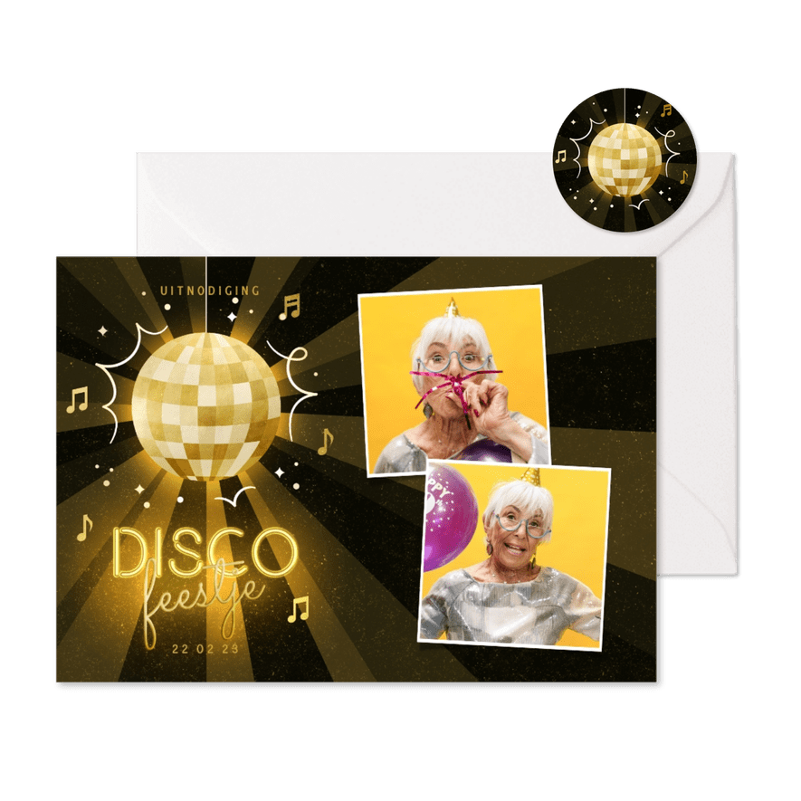 Uitnodiging discofeestje met foto's en discobal - Kaartimpressie