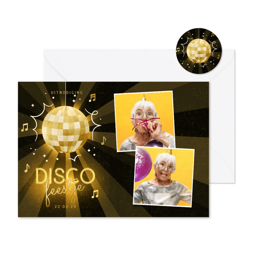 Uitnodiging discofeestje met foto's en discobal - Kaartimpressie