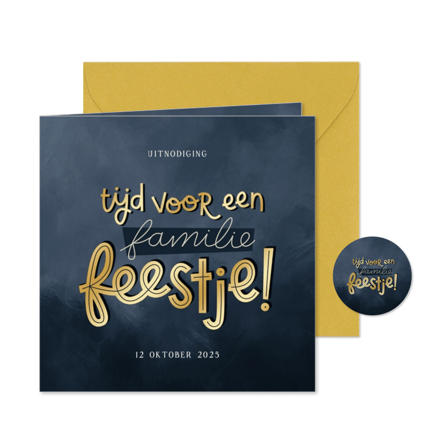 Uitnodiging donkerblauw goud tijd voor een familiefeestje - Kaartimpressie