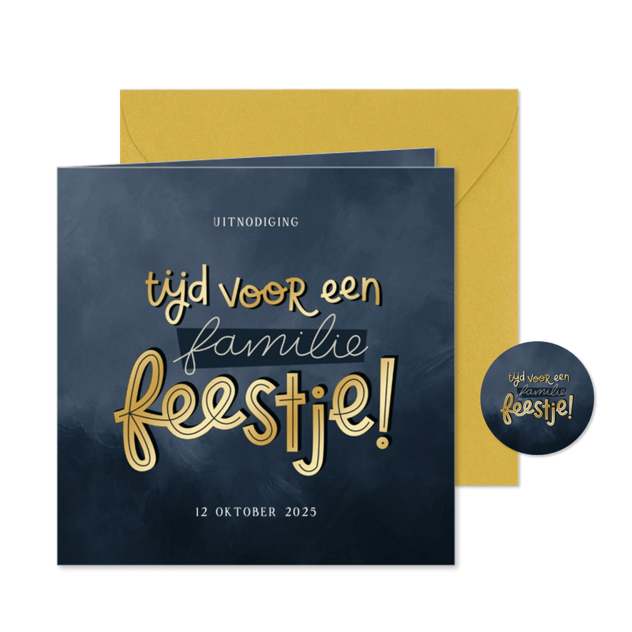 Uitnodiging donkerblauw goud tijd voor een familiefeestje - Kaartimpressie