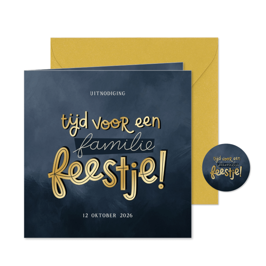 Uitnodiging donkerblauw goud tijd voor een familiefeestje - Kaartimpressie