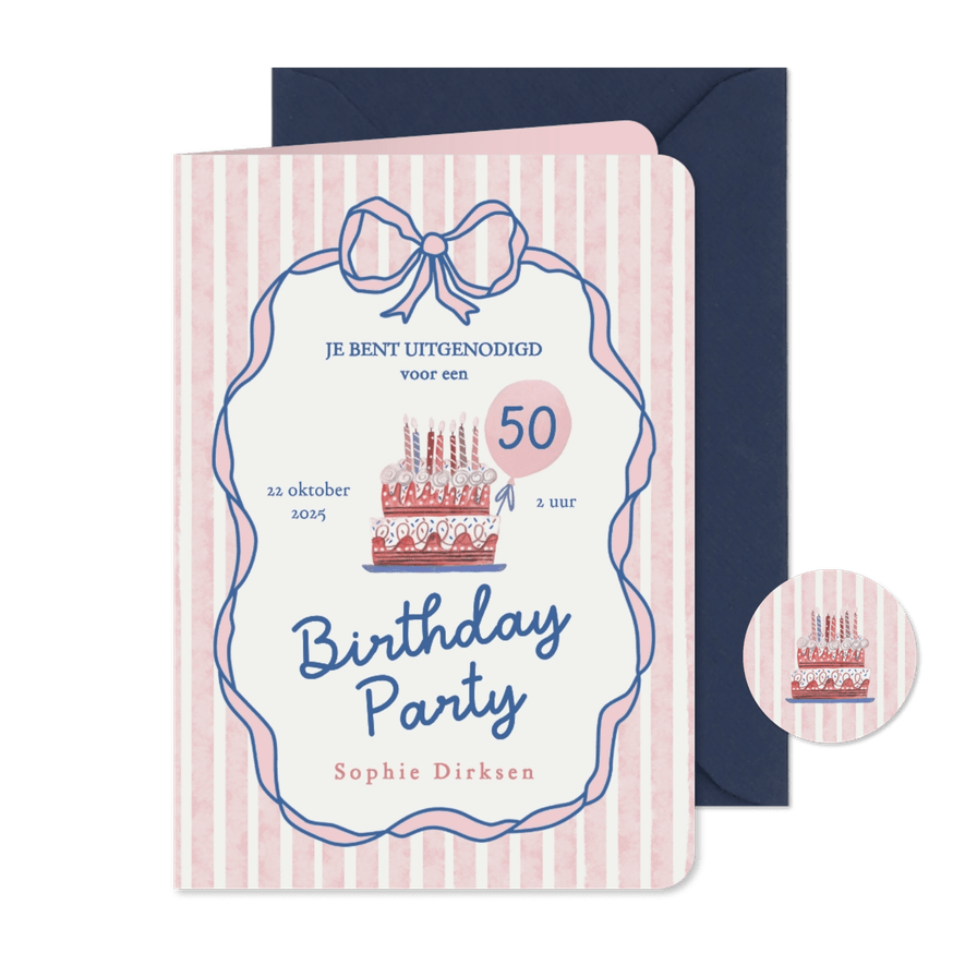 Uitnodiging doodle strik en taart met strepen - Kaartimpressie