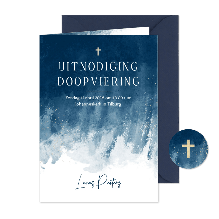 Uitnodiging doop doopviering blauw verf goud stijlvol - Kaartimpressie