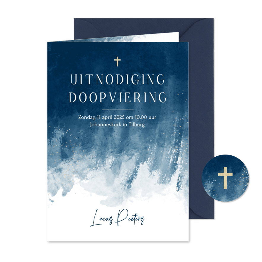 Uitnodiging doop doopviering blauw verf goud stijlvol - Kaartimpressie