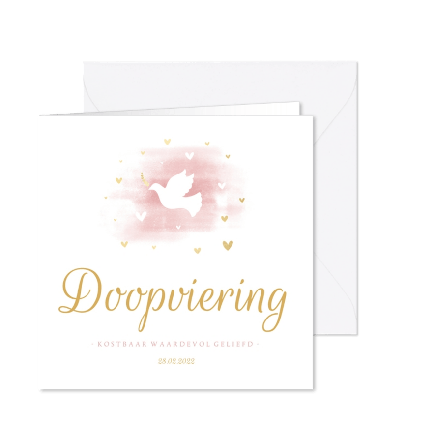 Uitnodiging doop duif met waterverf en hartjes - Kaartimpressie