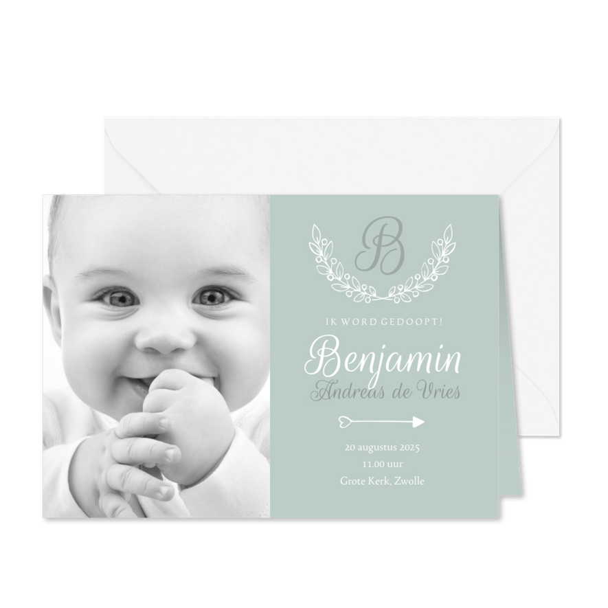 Uitnodiging doop foto & initaal groen - Kaartimpressie