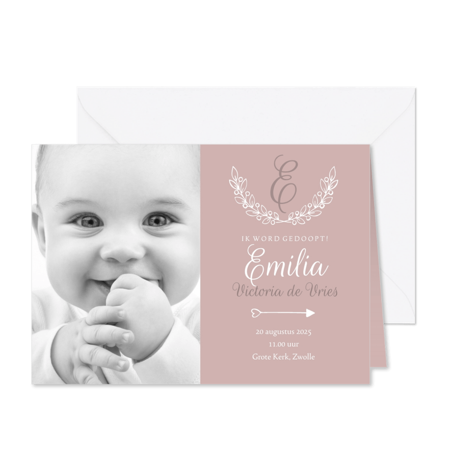 Uitnodiging doop foto & initaal oudroze - Kaartimpressie