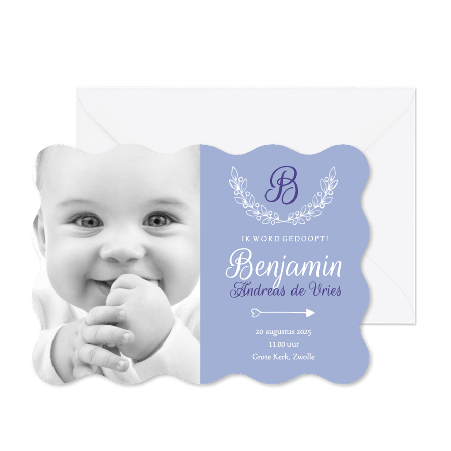 Uitnodiging doop golvend foto & initaal blauw - Kaartimpressie