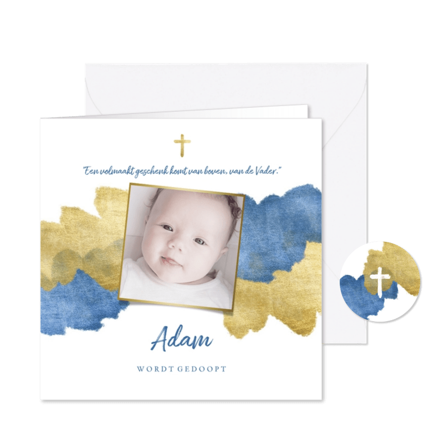 Uitnodiging doopfeest foto metallic blauw - Kaartimpressie