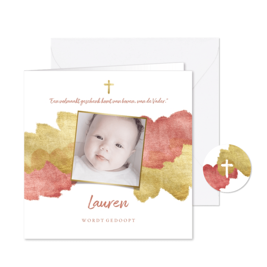 Uitnodiging doopfeest foto metallic rose - Kaartimpressie