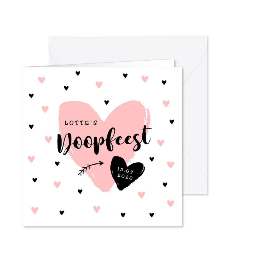 Uitnodiging doopfeest meisje met hippe hartjes en foto - Kaartimpressie