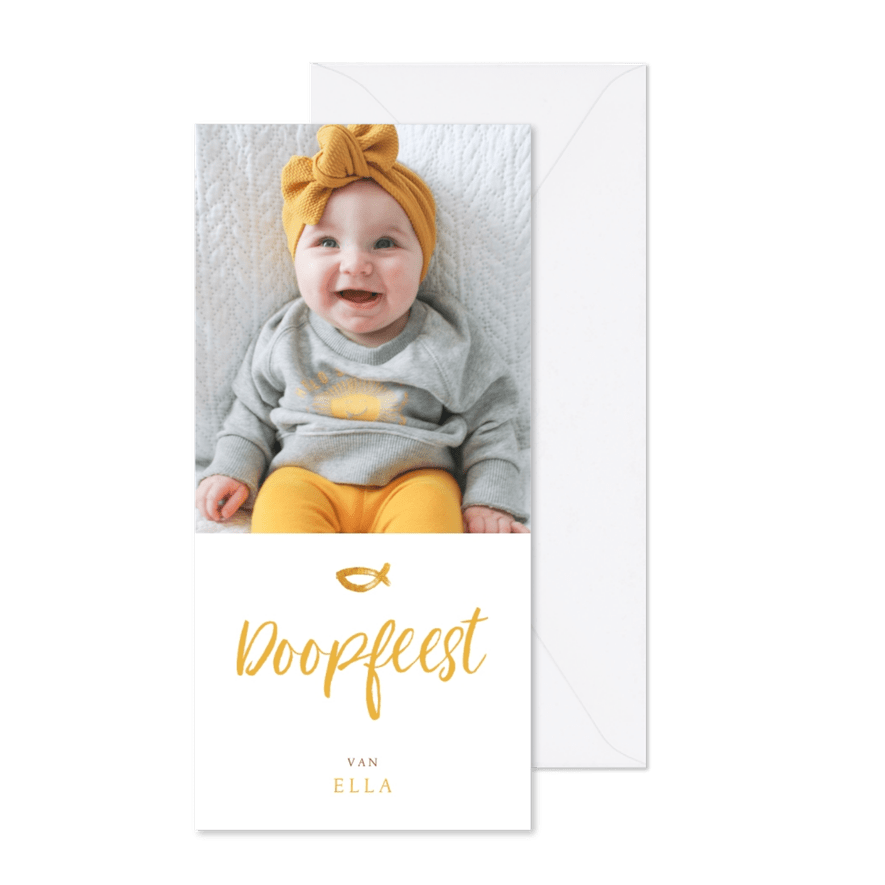 Uitnodiging doopfeest oker, foto en visje - Kaartimpressie
