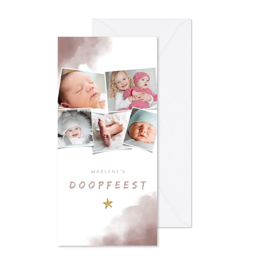 Uitnodiging doopfeest roze waterverf, ster en fotos - Kaartimpressie