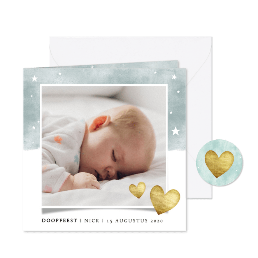 Uitnodiging doopfeest waterverf, sterretjes en hartjes - Kaartimpressie