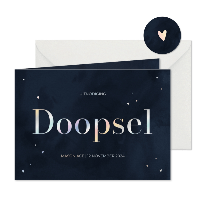 Uitnodiging doopsel donkerblauwe waterverf en holo hartjes - Kaartimpressie
