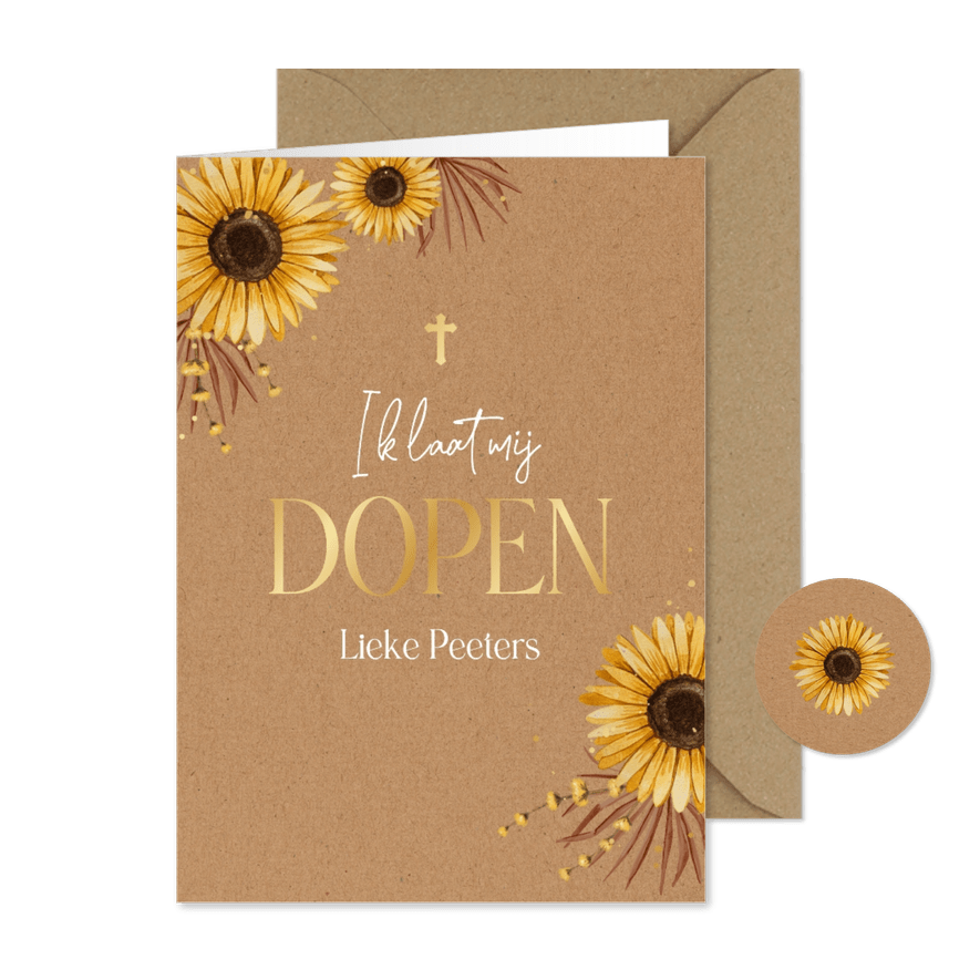 Uitnodiging doopsel doopviering zonnebloemen goud kraft - Kaartimpressie