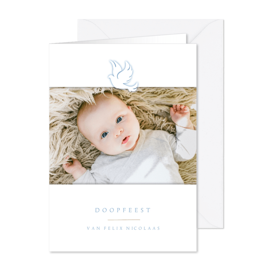 Uitnodiging doopsel foto en blauw duifje - Kaartimpressie