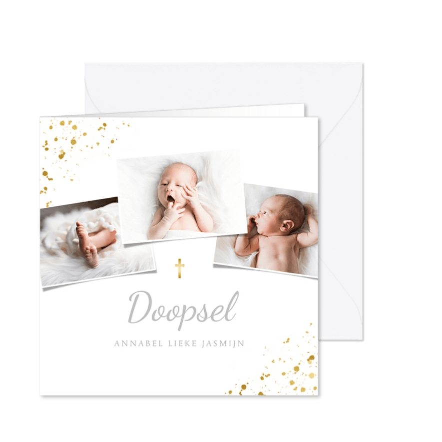 Uitnodiging doopsel fotocollage goudspetters - Kaartimpressie