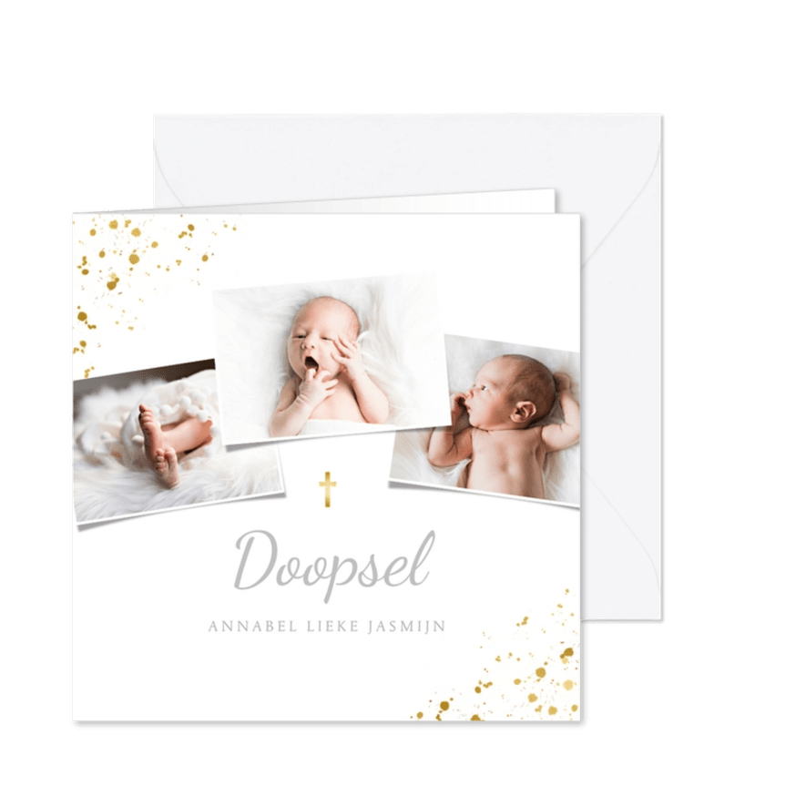 Uitnodiging doopsel fotocollage goudspetters - Kaartimpressie