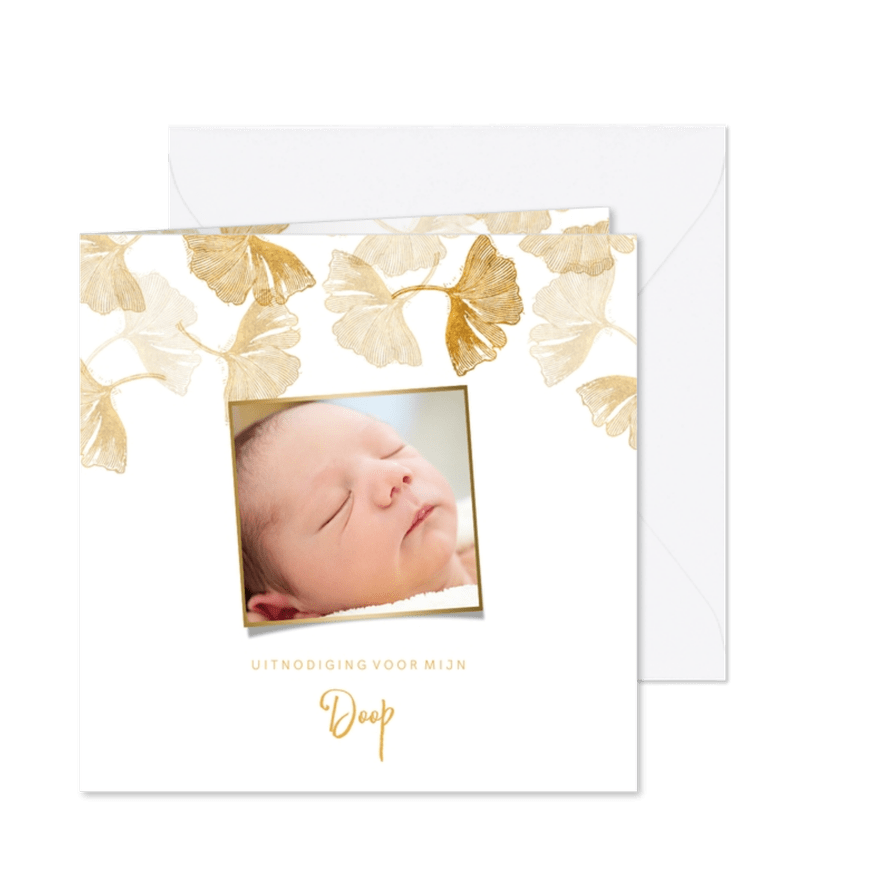 Uitnodiging doopsel ginkgo goud met foto - Kaartimpressie