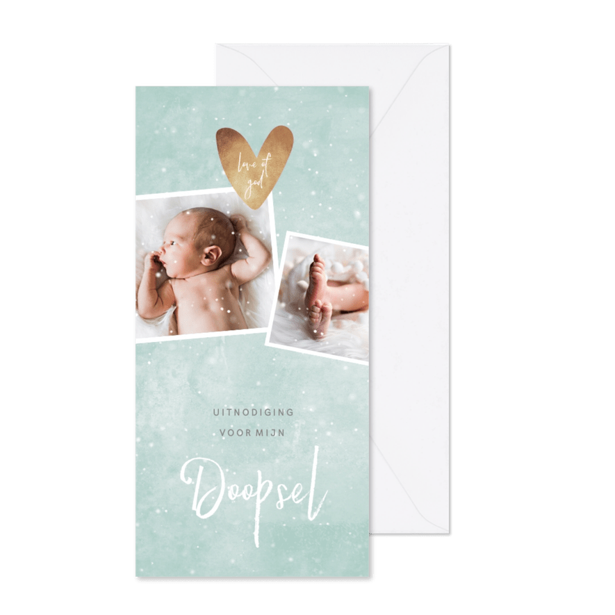 Uitnodiging doopsel groen, fotocollage en hartje - Kaartimpressie