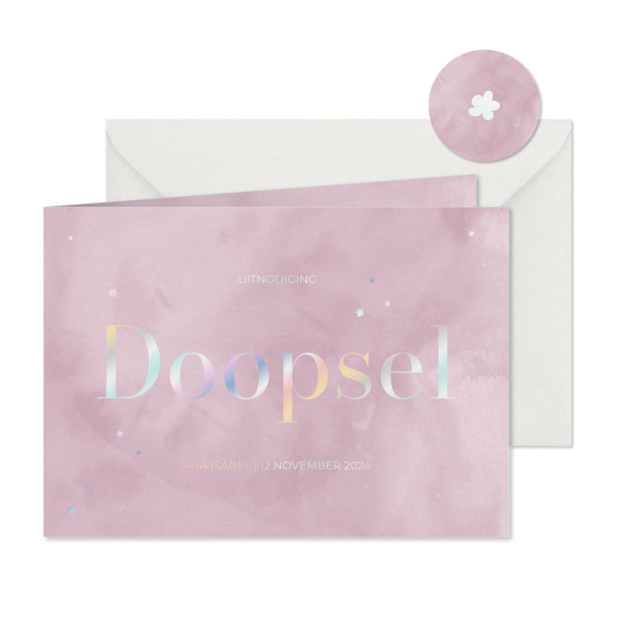 Uitnodiging doopsel lila waterverf en holo bloempjes - Kaartimpressie