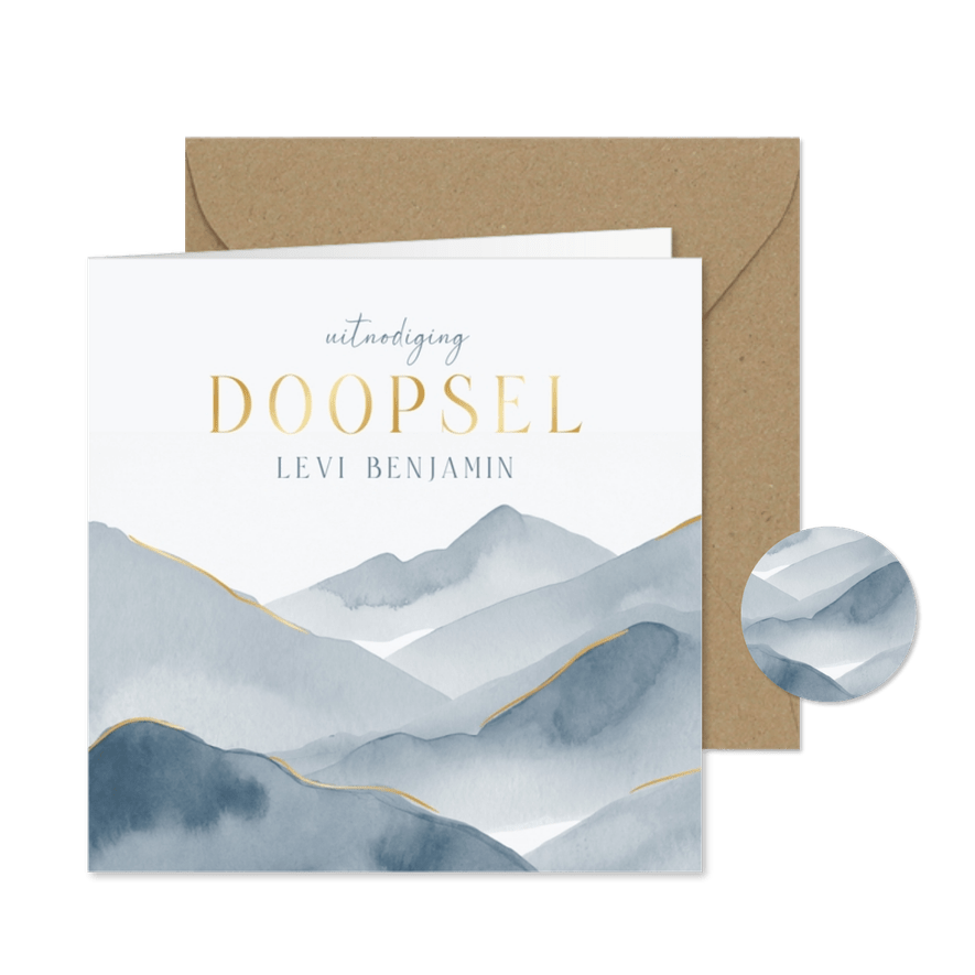 Uitnodiging doopsel met blauwe bergjes waterverf - Kaartimpressie