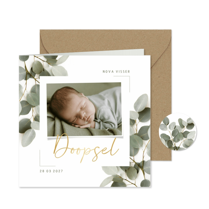 Uitnodiging doopsel met eucalyptus en foto - Kaartimpressie