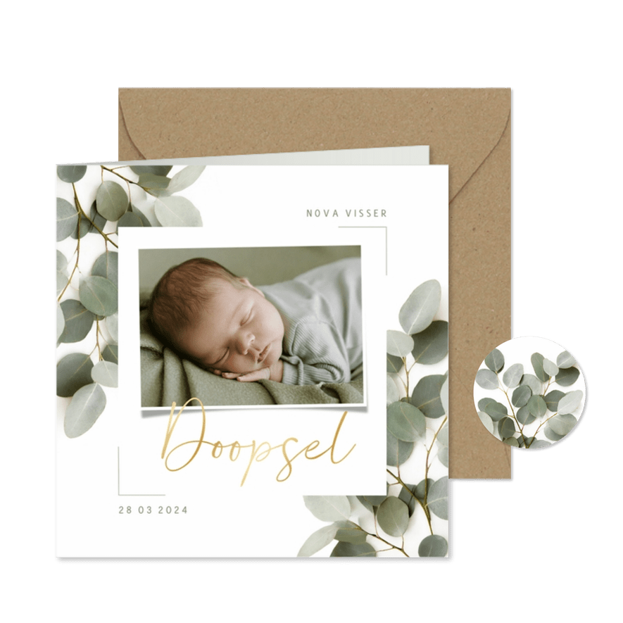 Uitnodiging doopsel met eucalyptus en foto - Kaartimpressie