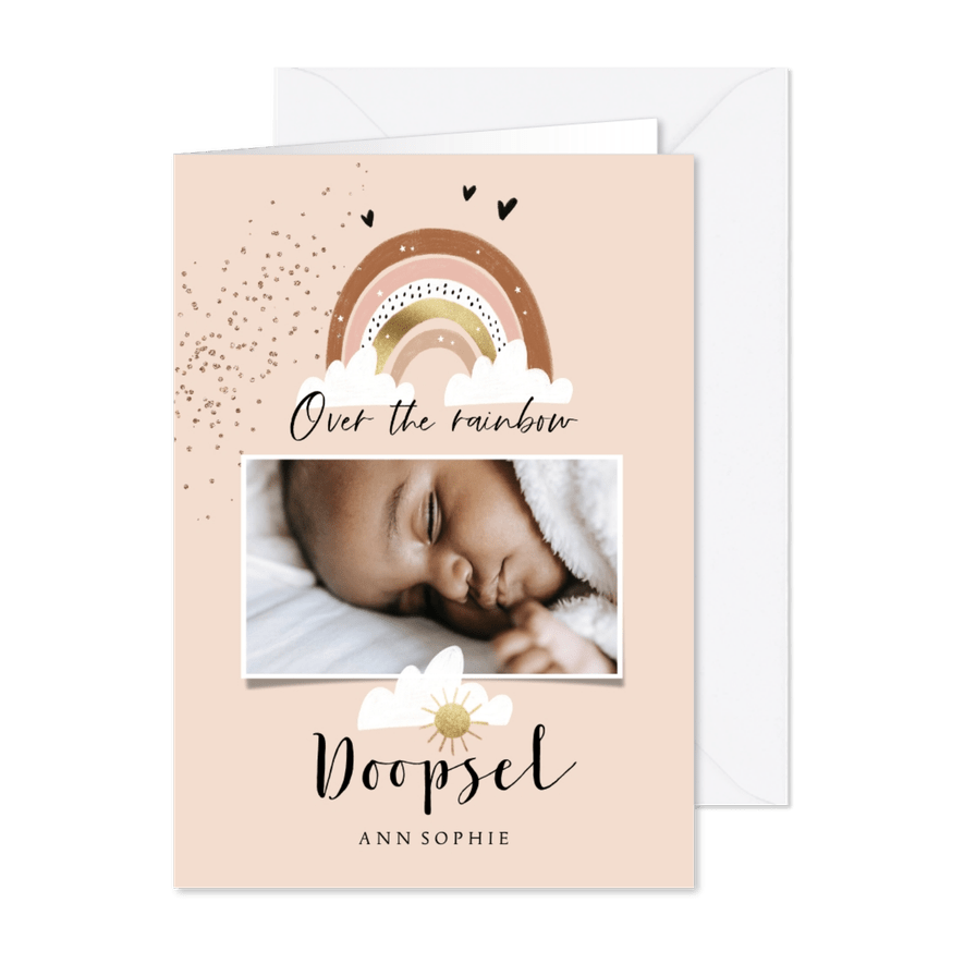 Uitnodiging doopsel met regenboog en zonnetje - Kaartimpressie
