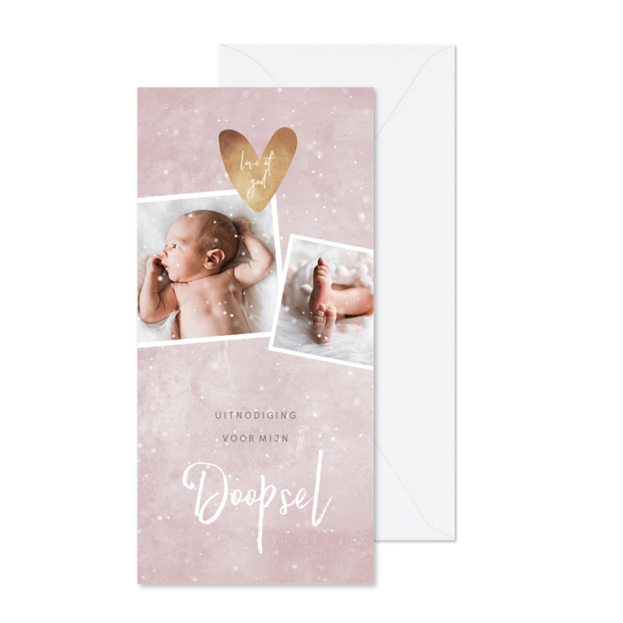 Uitnodiging doopsel roze, fotocollage en hartje - Kaartimpressie