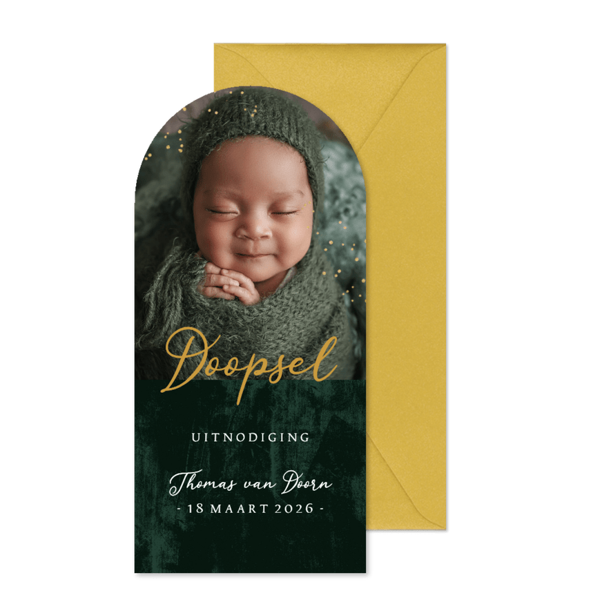 Uitnodiging doopsel spetters goudlook foto - Kaartimpressie