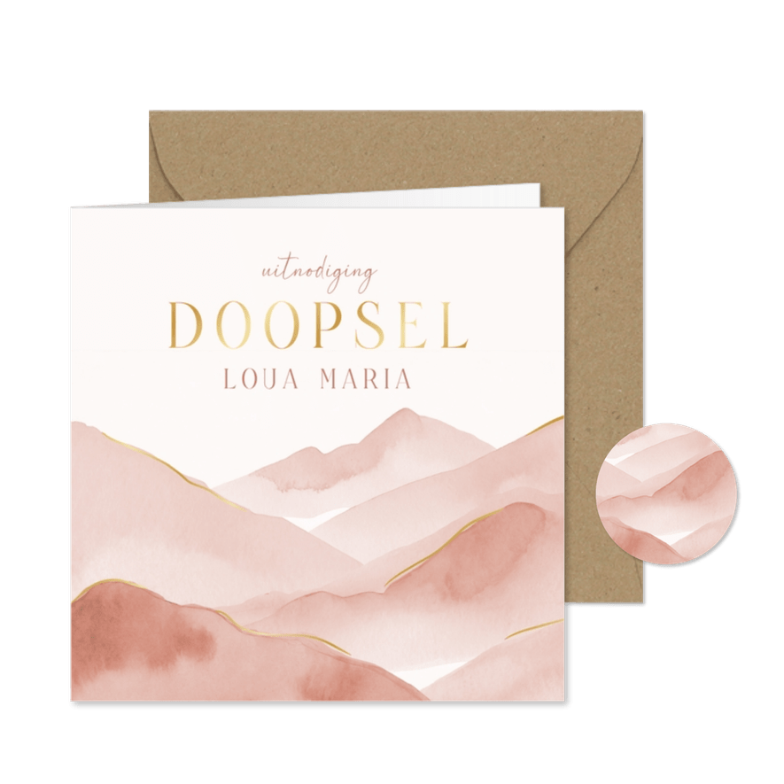 Uitnodiging doopsel waterverf met roze bergjes/landschap - Kaartimpressie