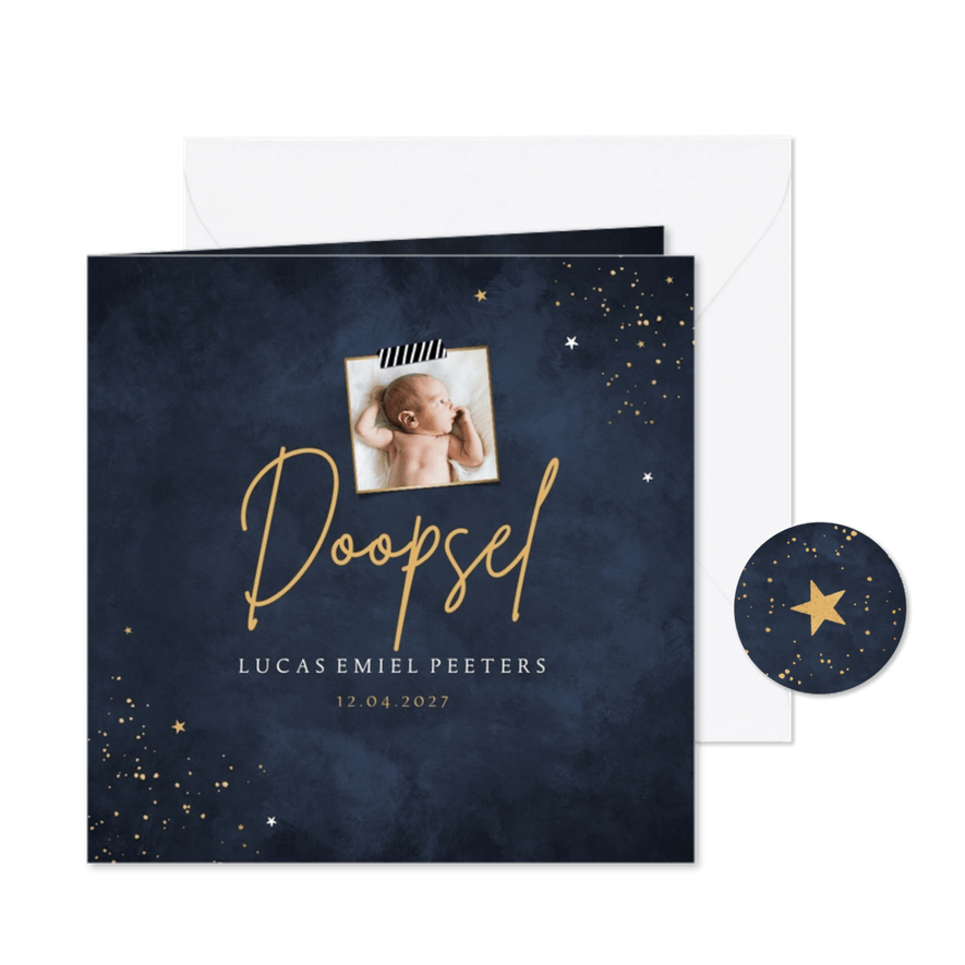 Uitnodiging doopviering doopsel diepblauw sterretjes foto - Kaartimpressie