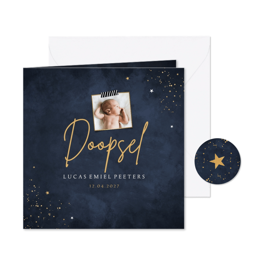 Uitnodiging doopviering doopsel diepblauw sterretjes foto - Kaartimpressie