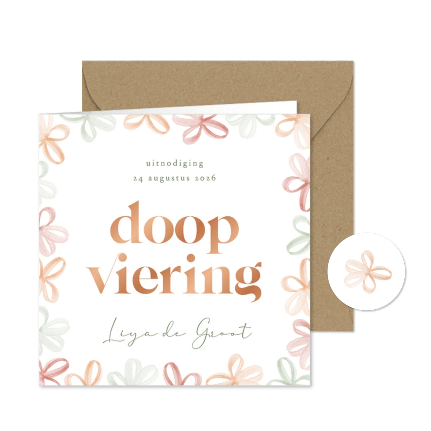 Uitnodiging doopviering met gekleurde bloemetjes waterverf - Kaartimpressie