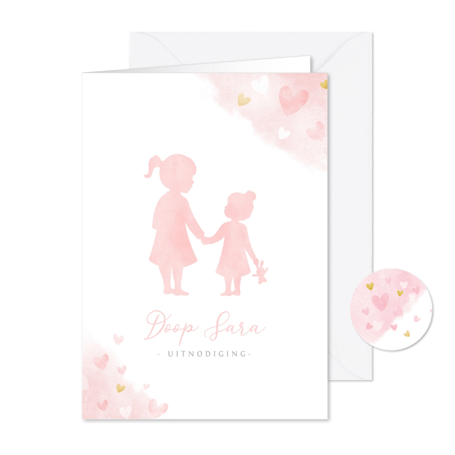 Uitnodiging doopviering met grote zus en klein zusje - Kaartimpressie