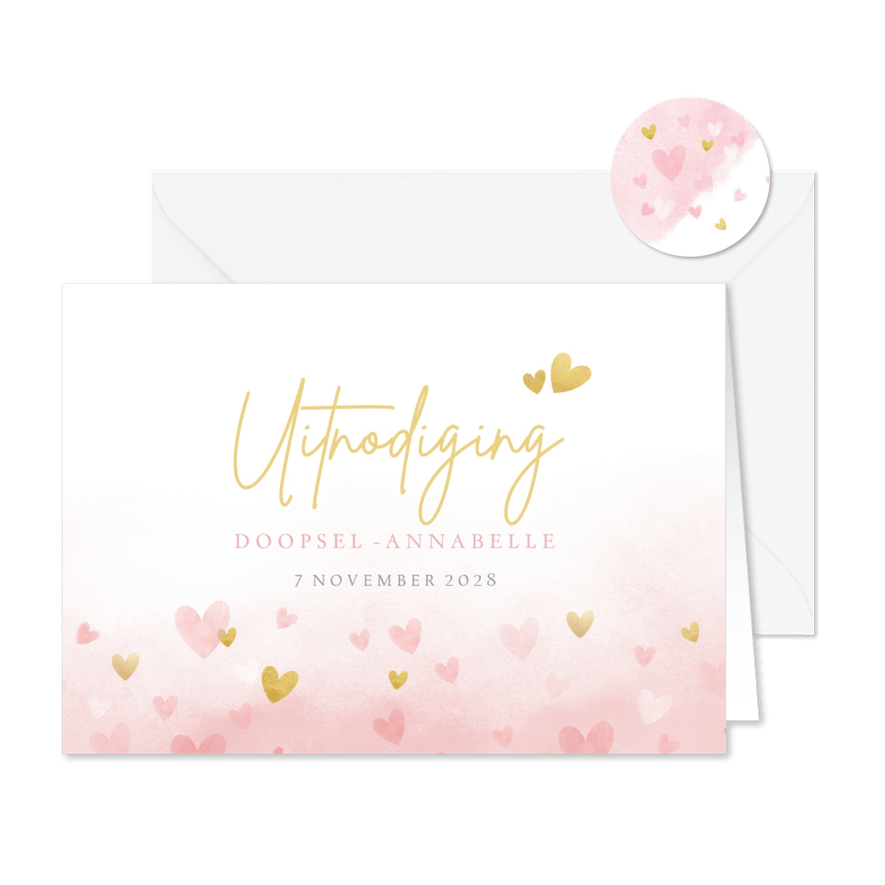 Uitnodiging doopviering met roze waterverf hartjes - Kaartimpressie