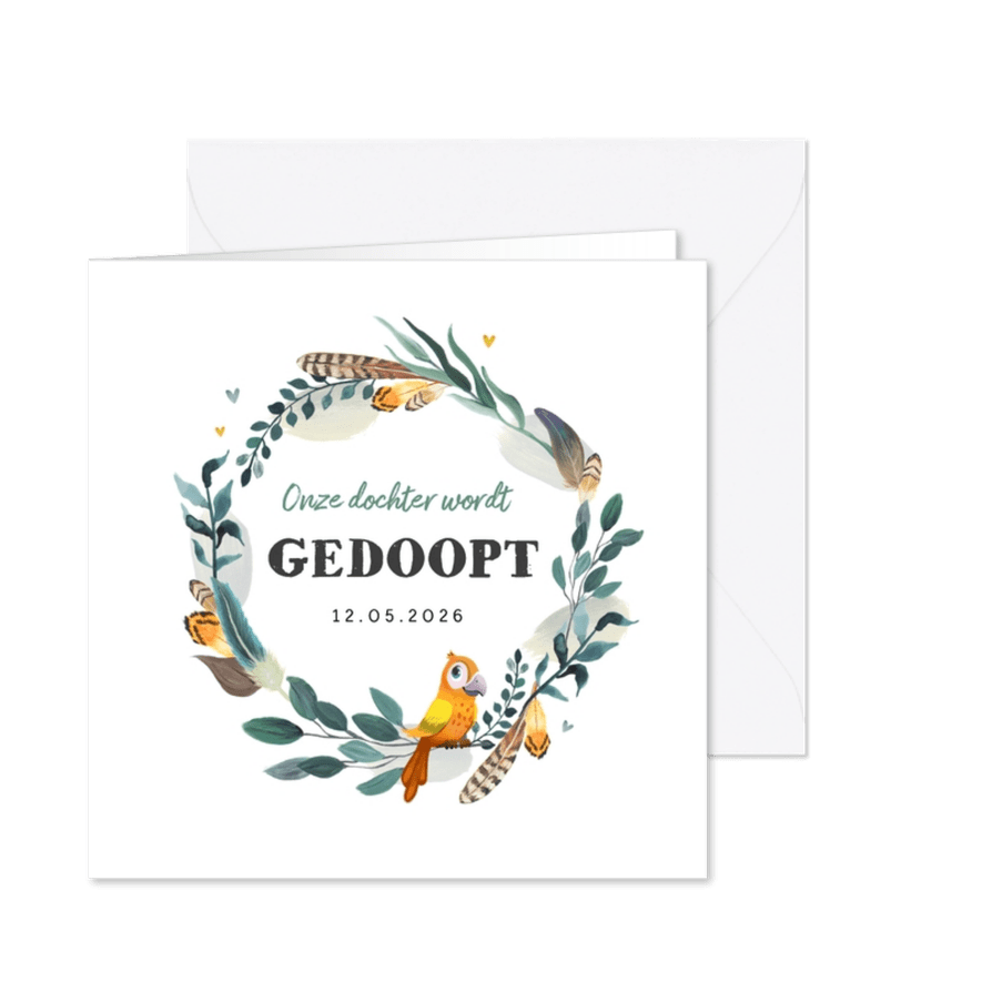 Uitnodiging doopviering met veren bloemenkrans en vogel - Kaartimpressie